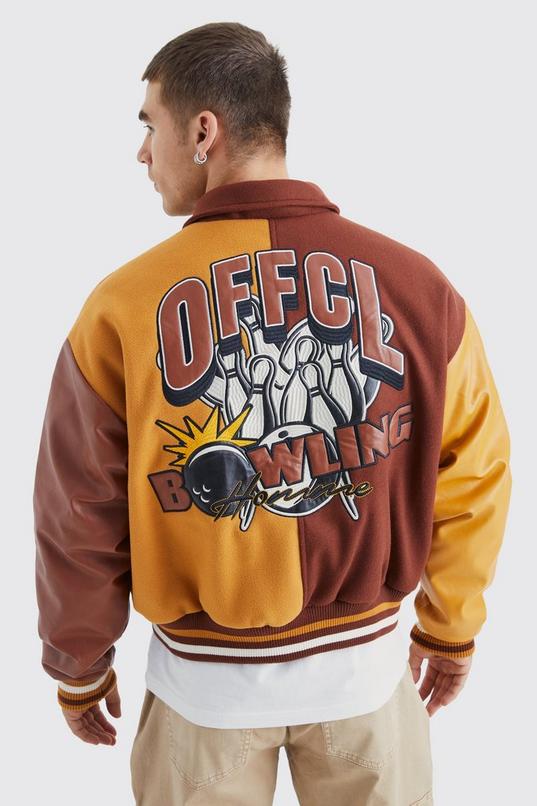 Boxy Spliced Melton & Pu Varsity Jacket | boohoo USA Boxy Spliced Melton & Pu Varsity Jacket | boohoo USA